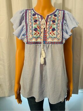 Pretty Remplie size S blue embroidered short flutter sleeve tassel tie shirt new